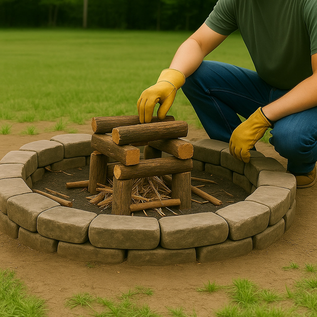 Log cabin fire layout using stacked wood and kindling for even flame and airflow.