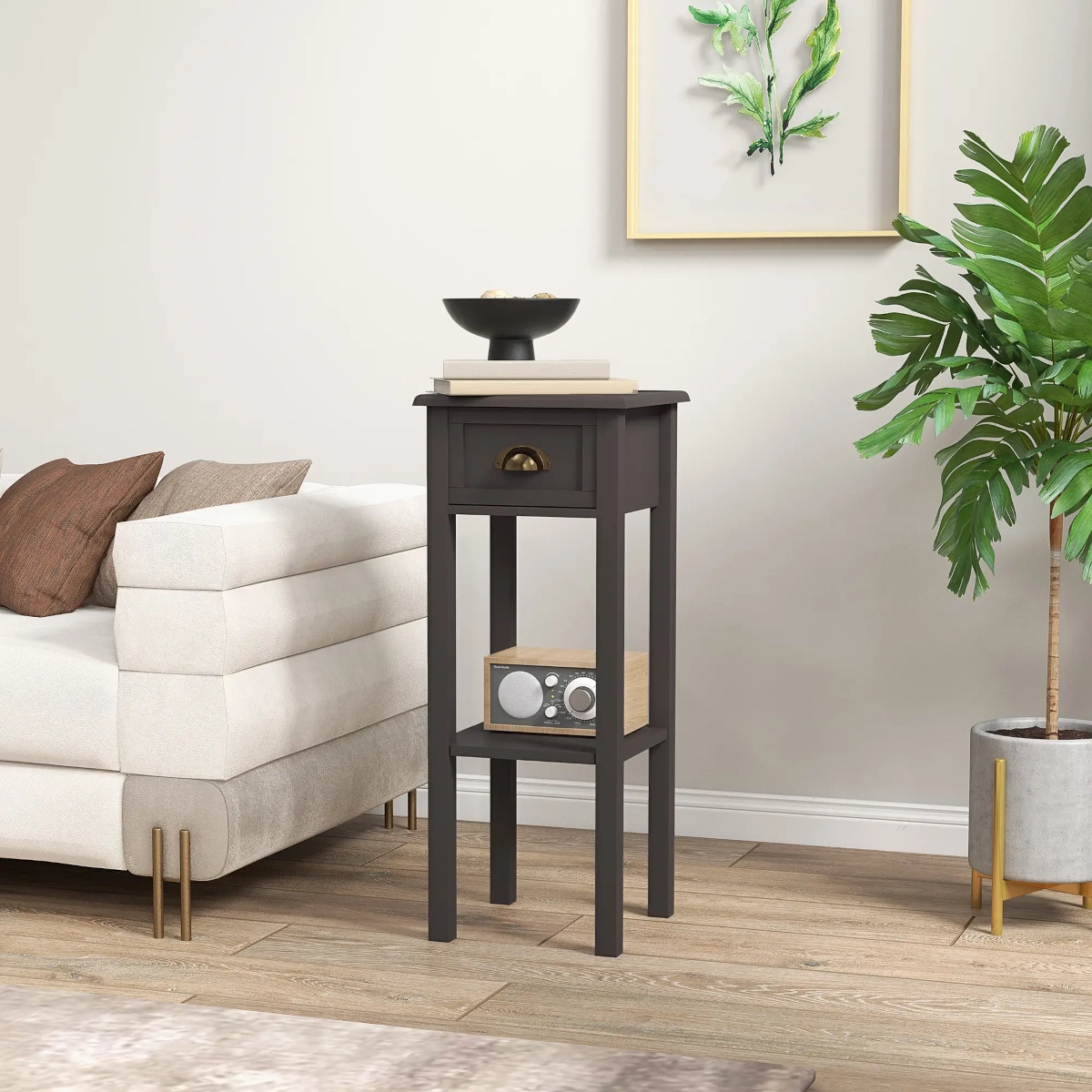 The living room side table features a single slide-out drawer and a lower shelf that add storage for magazines, books, plants, or photos