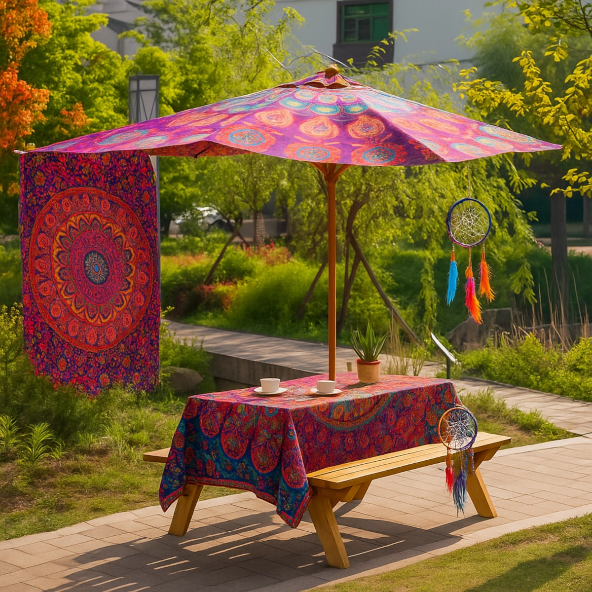 Boho-themed picnic table with vibrant tapestry, dreamcatchers, and colourful tablecloth outdoors.