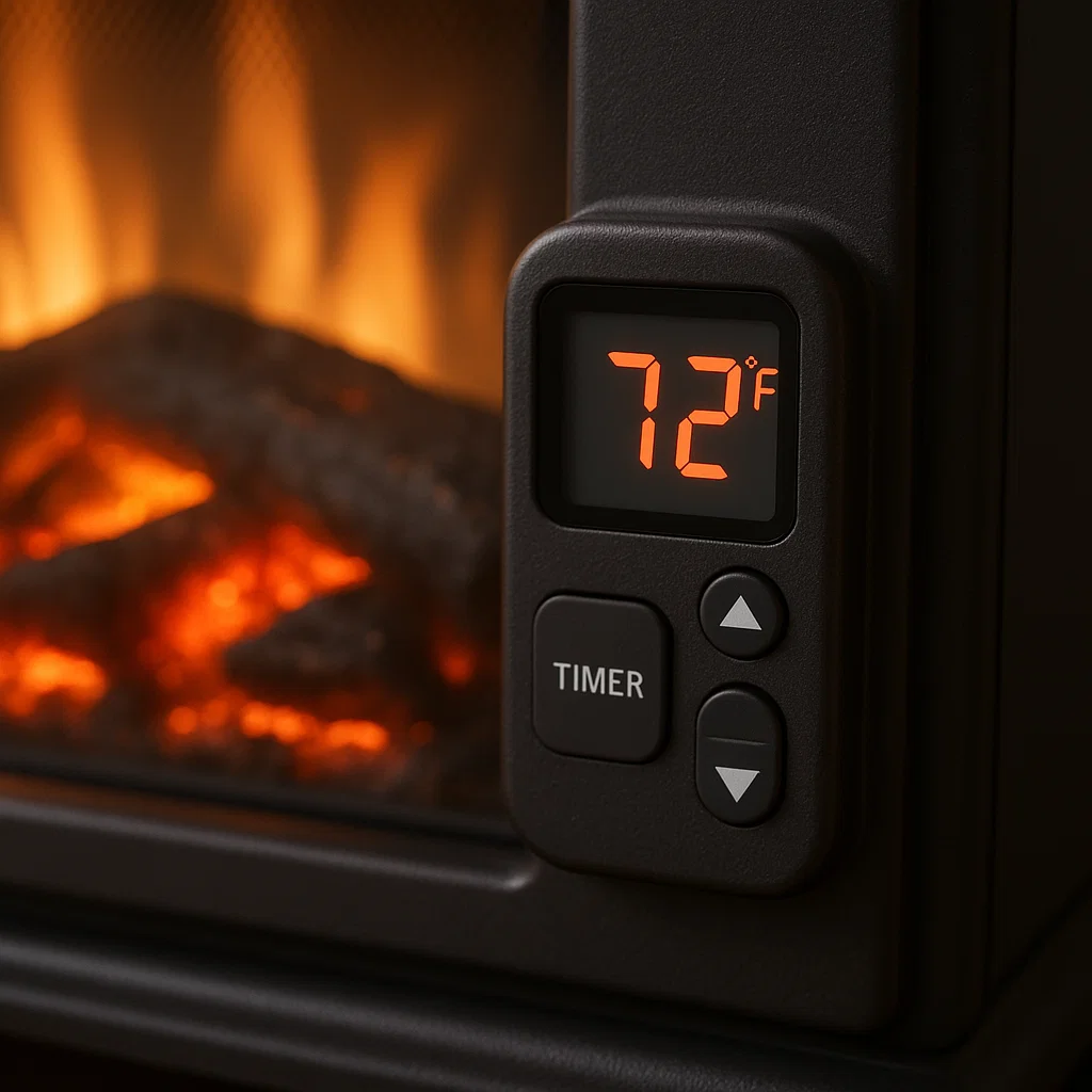 Digital thermostat display on electric fireplace showing temperature setting and built-in timer controls.