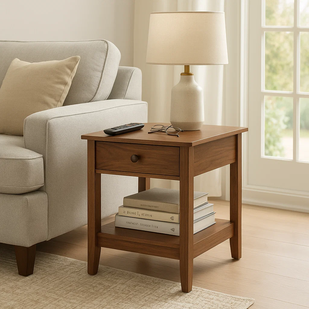 Wooden side table with drawer and books near sofa.