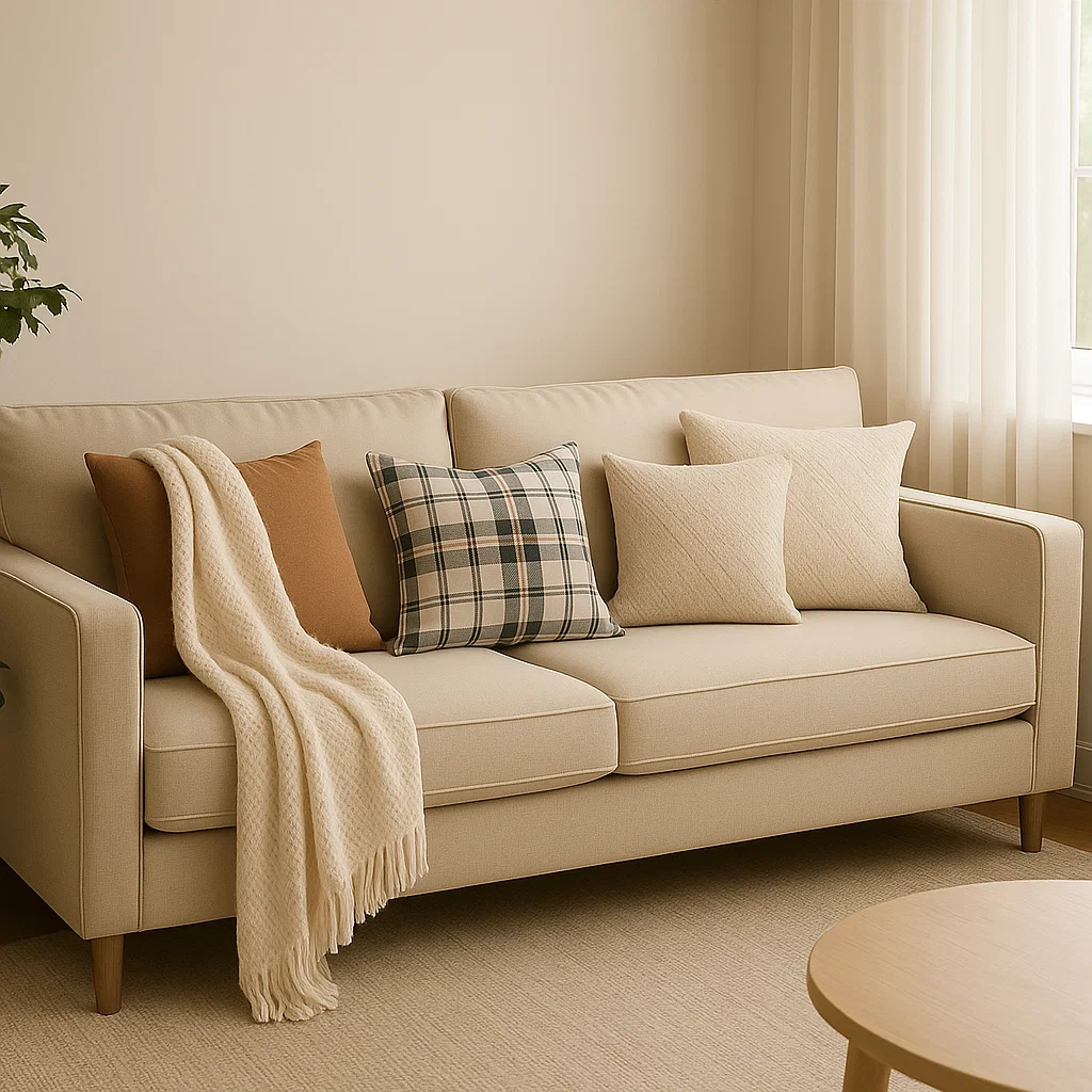 Neutrales Sofa dekoriert mit karierten, cremefarbenen und beigefarbenen Kissen sowie einer gemütlichen Decke.