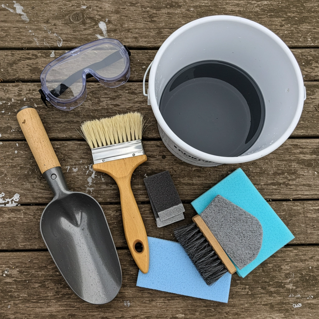 Fire pit cleaning tools including wire brush, gloves, bucket, and scraper on a patio surface.