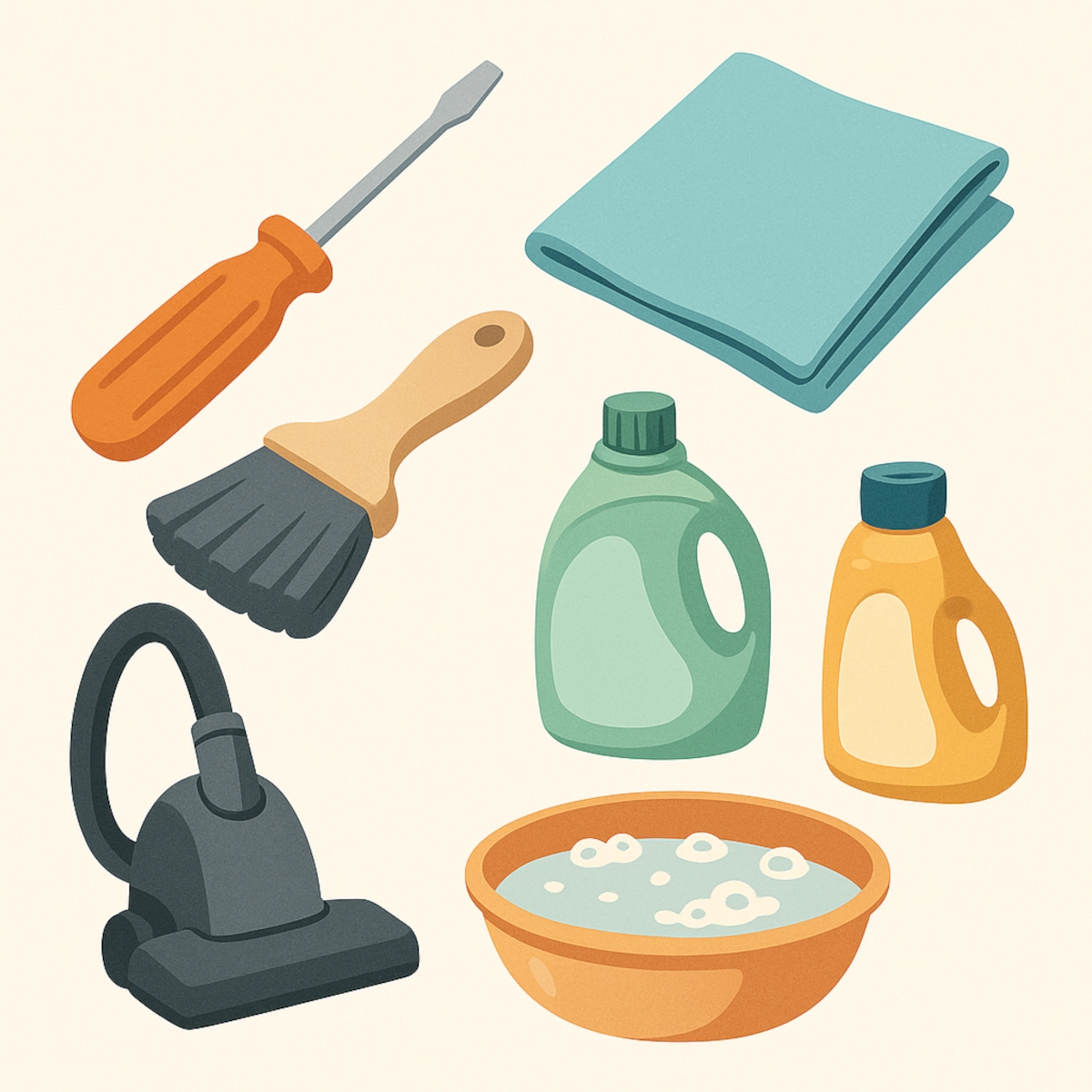Cleaning tools including vacuum, brush, soap, cloth
