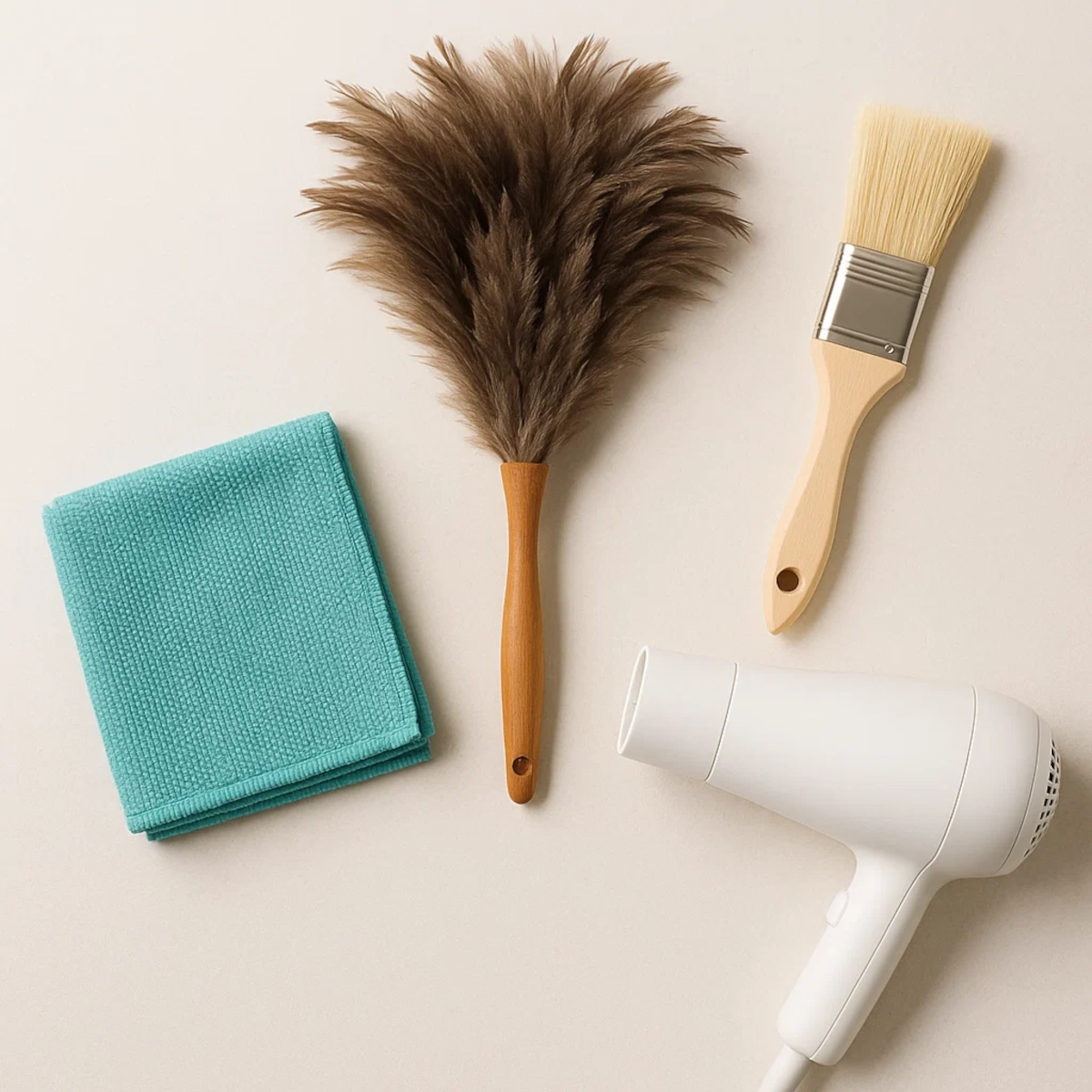 Microfiber cloth, feather duster, paintbrush, and hair dryer arranged on a beige surface.