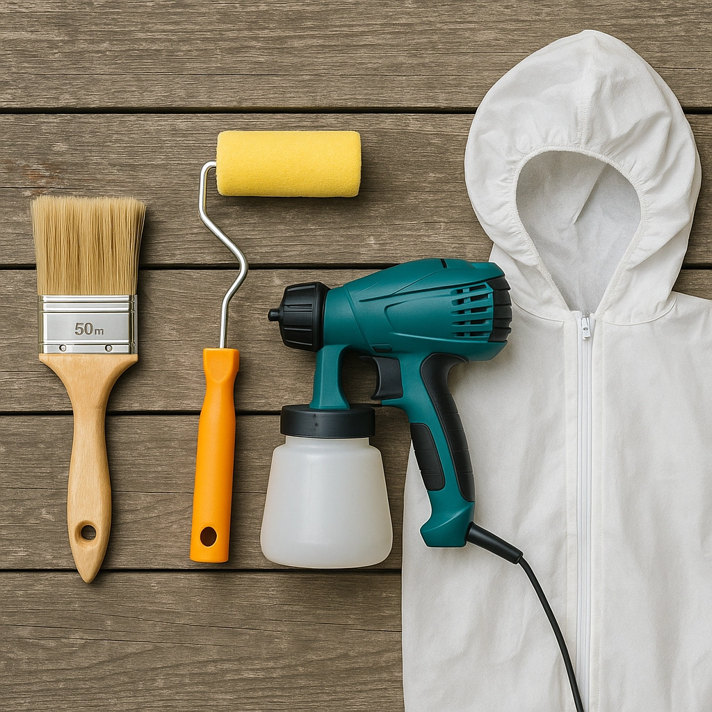 Assorted painting tools like brushes, rollers, and trays laid out on floor