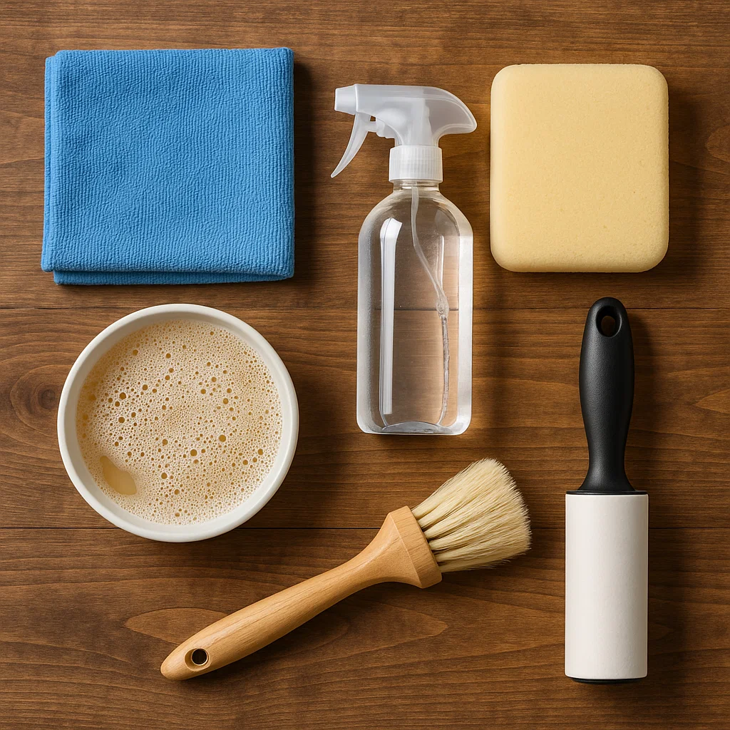 Essential coffee table cleaning tools: blue cloth, spray bottle, brush, sponge, lint roller, and soapy water.