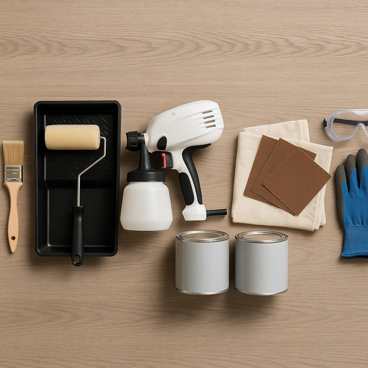 Flat lay of essential painting tools including sprayer, roller, gloves, and sandpaper.