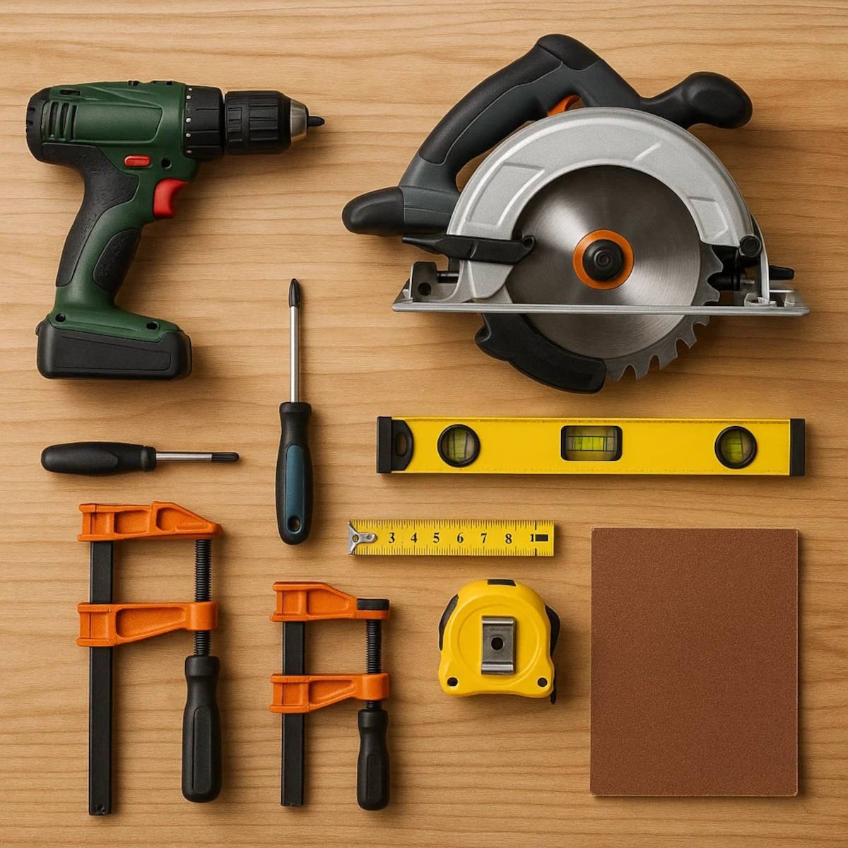 Drill, circular saw, screwdrivers, level, clamps, measuring tape, and sandpaper arranged on wood table.
