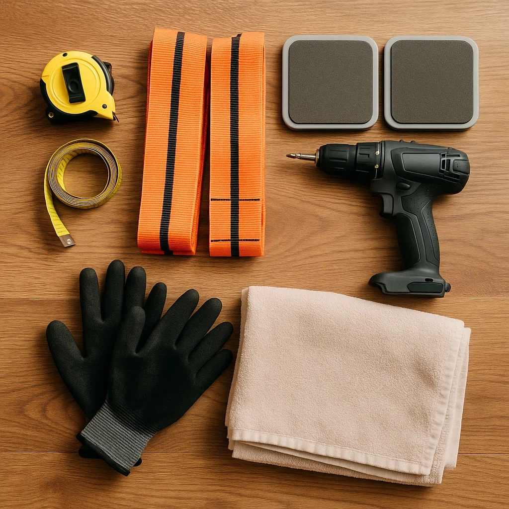 Moving tools and supplies, including gloves, straps, tape measures, and drill, laid out on wood.