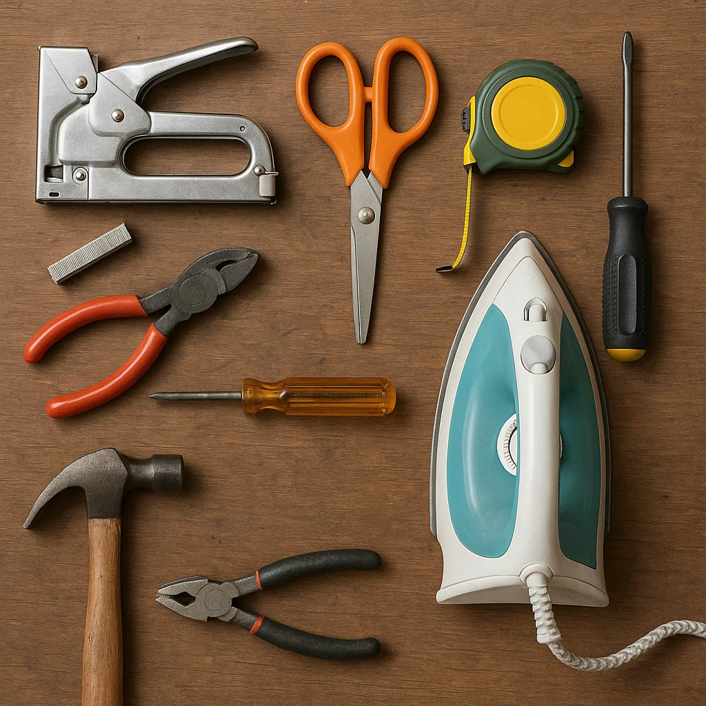 Upholstery tools arranged on wood table including stapler, hammer, pliers, scissors, and iron.