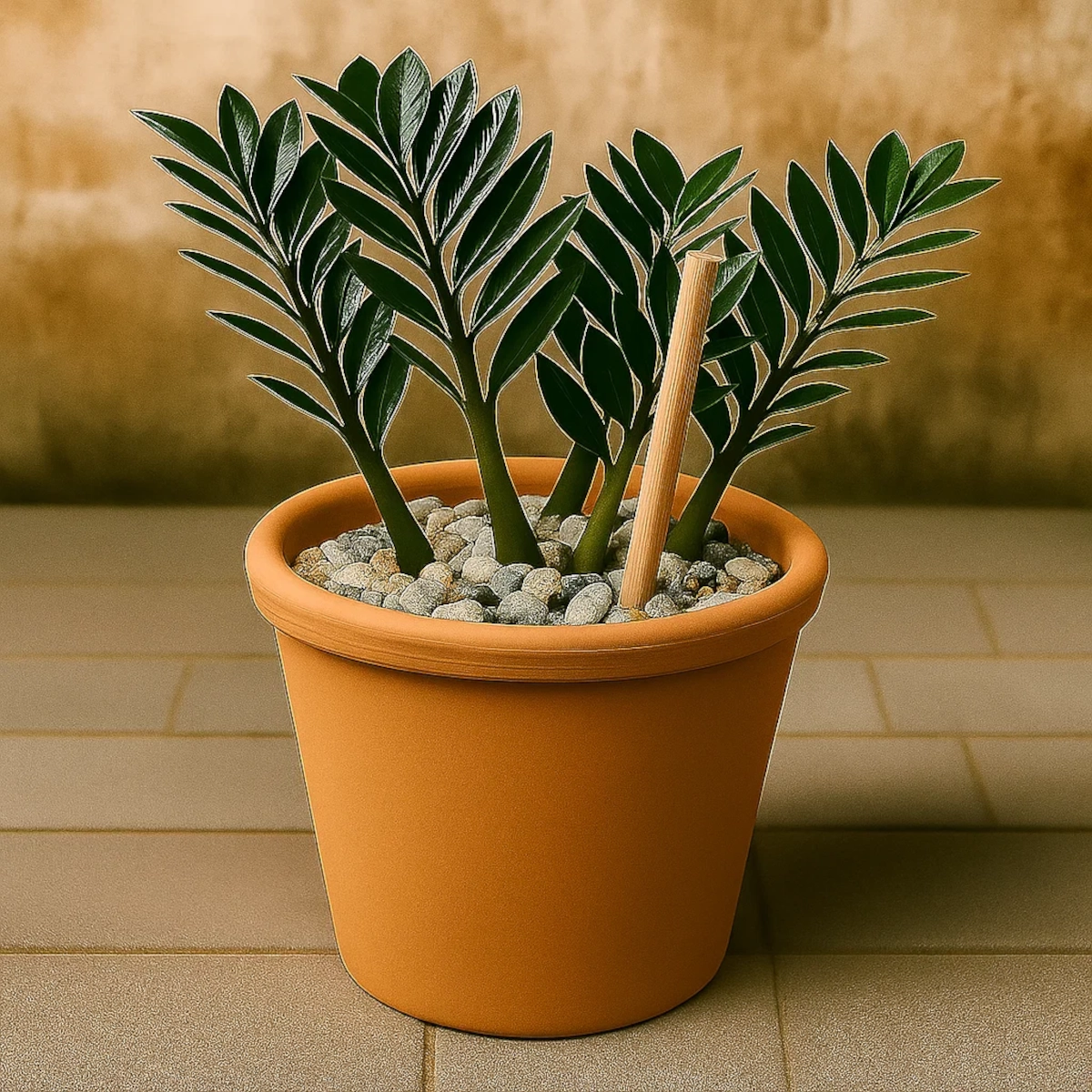 Artificial plant in a terracotta pot with pencil used to check for stability issues.