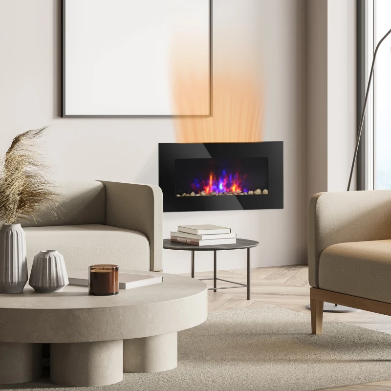 Wide wooden electric fireplace with bookshelves and realistic flame, styled in a large sunlit room.