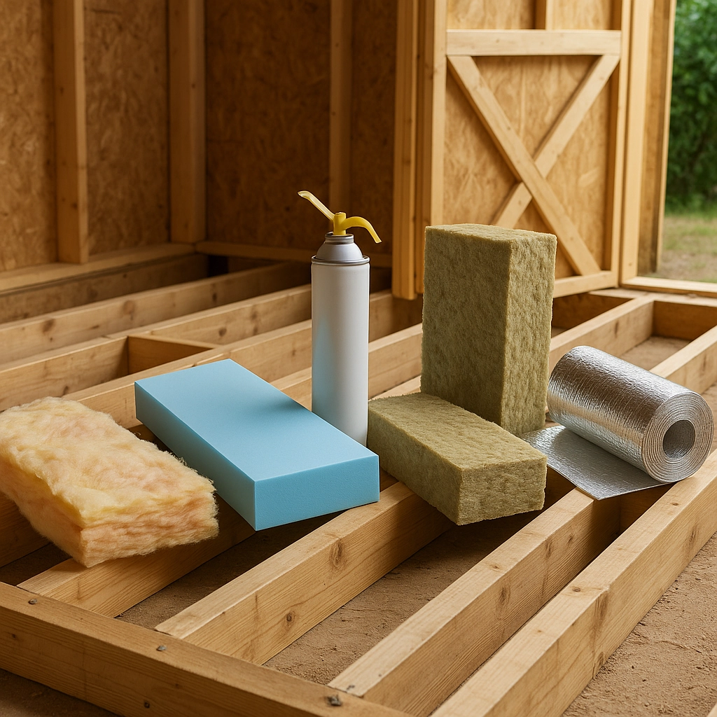 Different types of shed insulation including fiberglass, foam board, and reflective foil shown on wood base.