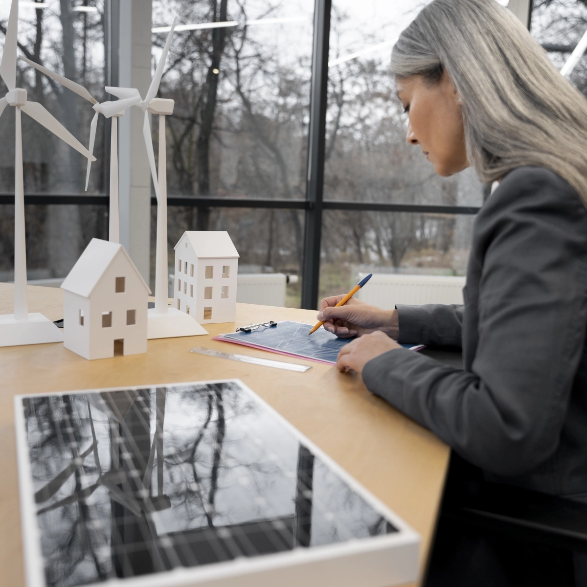 Woman reviewing solar and energy documents at desk with miniature home models and wind turbines.