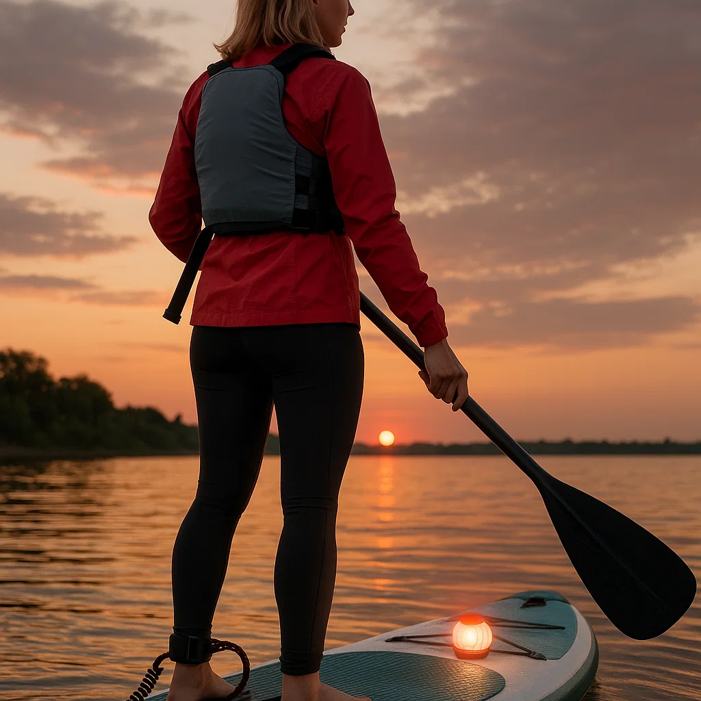 Person paddleboarding at sunset wearing a safety vest, with a light attached to the SUP.