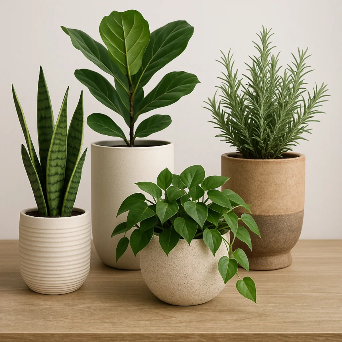 Variety of artificial plants in different textured planters arranged on a wooden table.