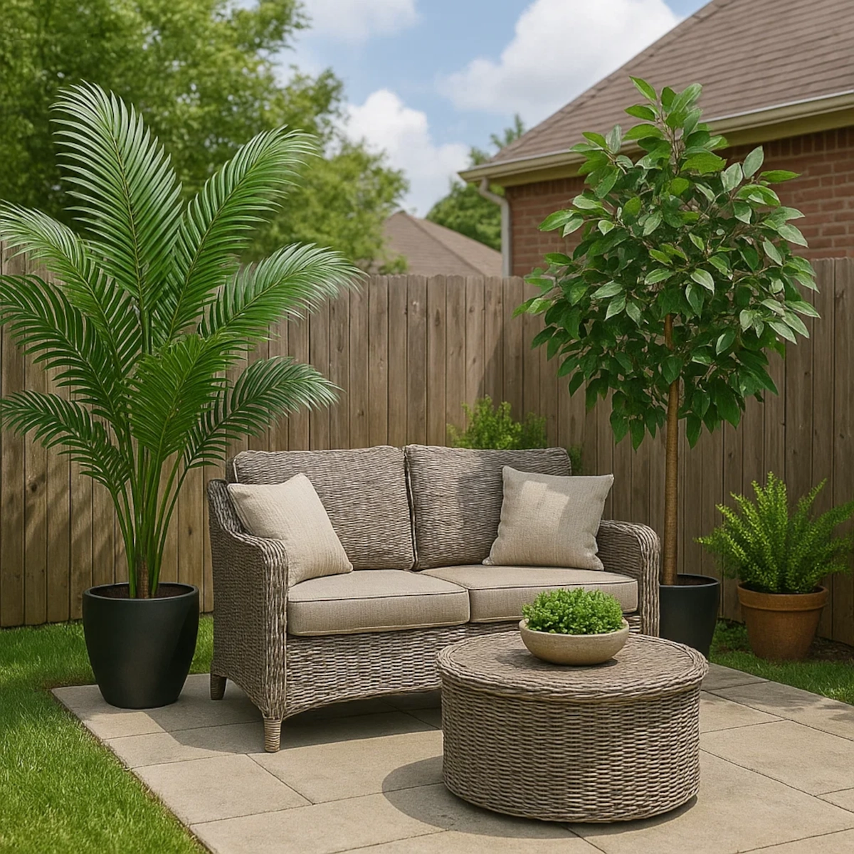 Outdoor patio setup with faux palm tree and ficus tree beside wicker furniture and potted greenery.