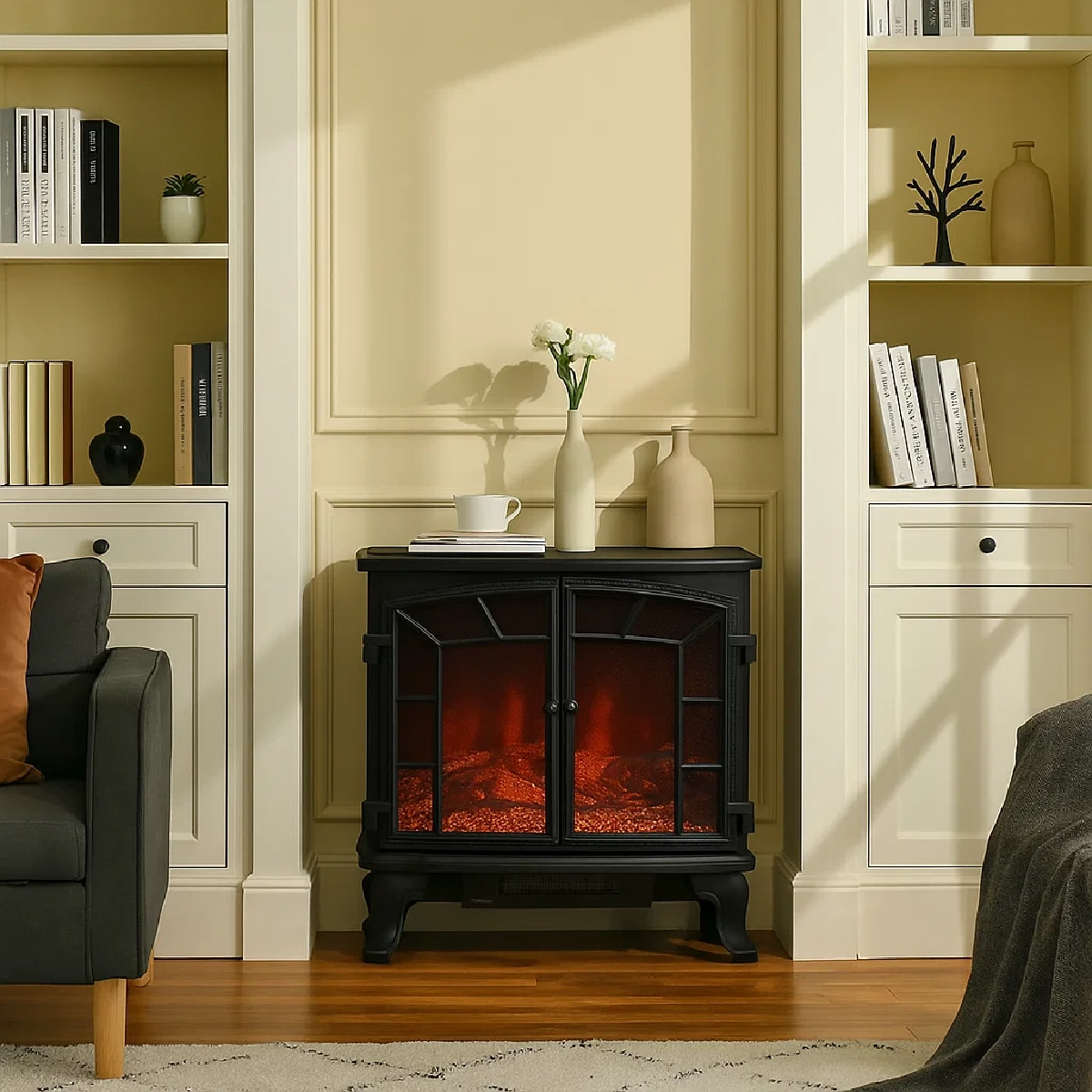 Electric fireplace framed by built-in shelves and neutral-toned decor, creating a warm and balanced layout.