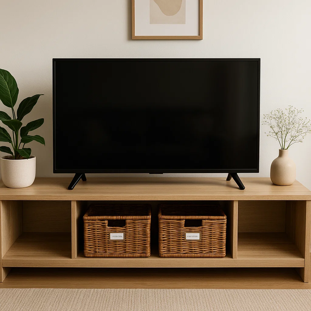 Light wood TV stand with cubby shelves and two wicker baskets for concealed, organized storage.
