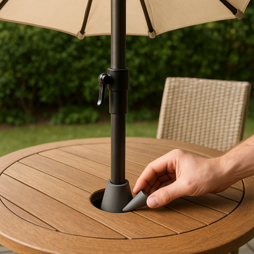 Person inserting umbrella pole holder into table holder for secure positioning.