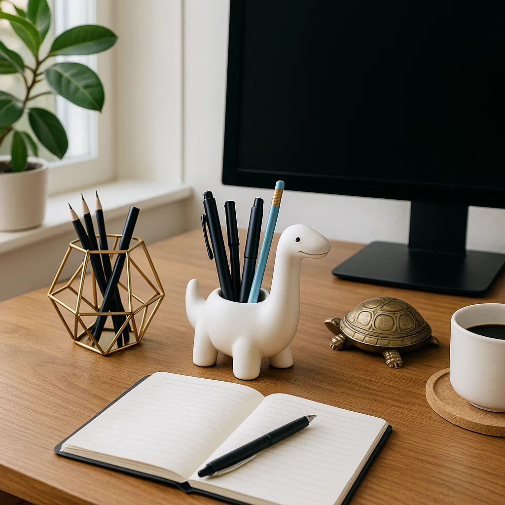 Dinosaur pen holder and turtle decor on wooden desk with notebook and coffee mug
