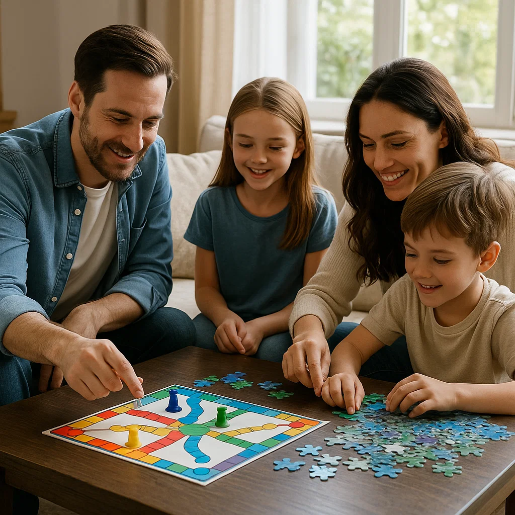 Happy family playing board games and puzzles together around a wooden coffee table.