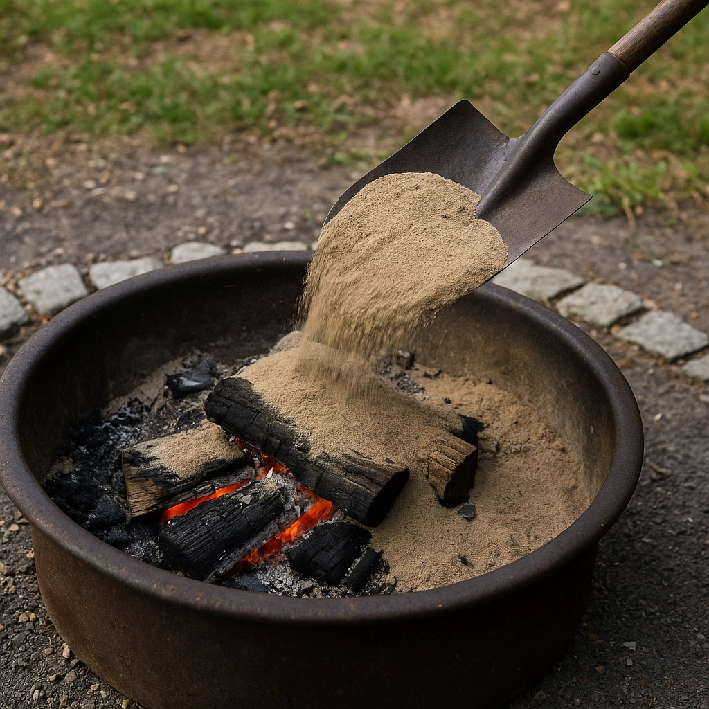 Shoveling dirt onto a fire pit to smother flames and cut off oxygen supply.