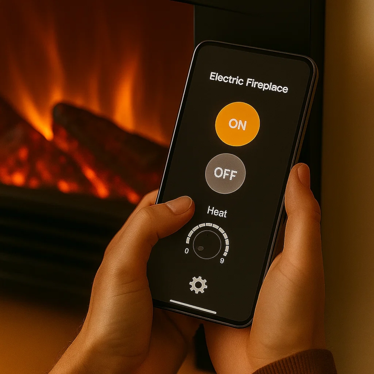 Smartphone screen showing electric fireplace controls for on, off, and heat settings.