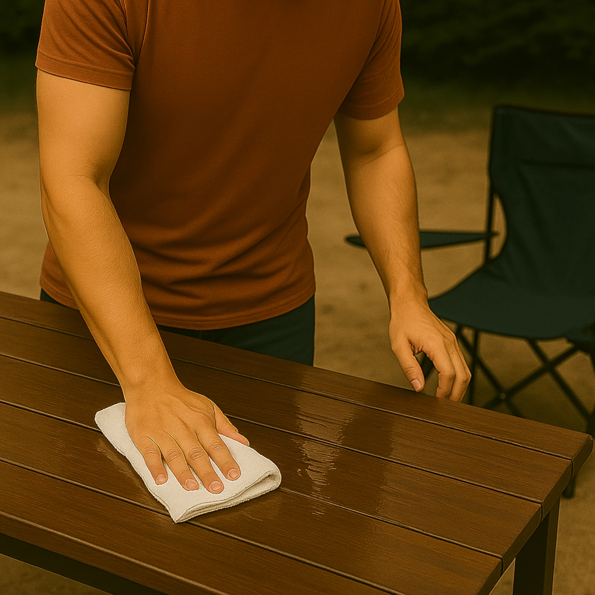 Hand drying picnic table with towel to remove moisture and speed up drying time.