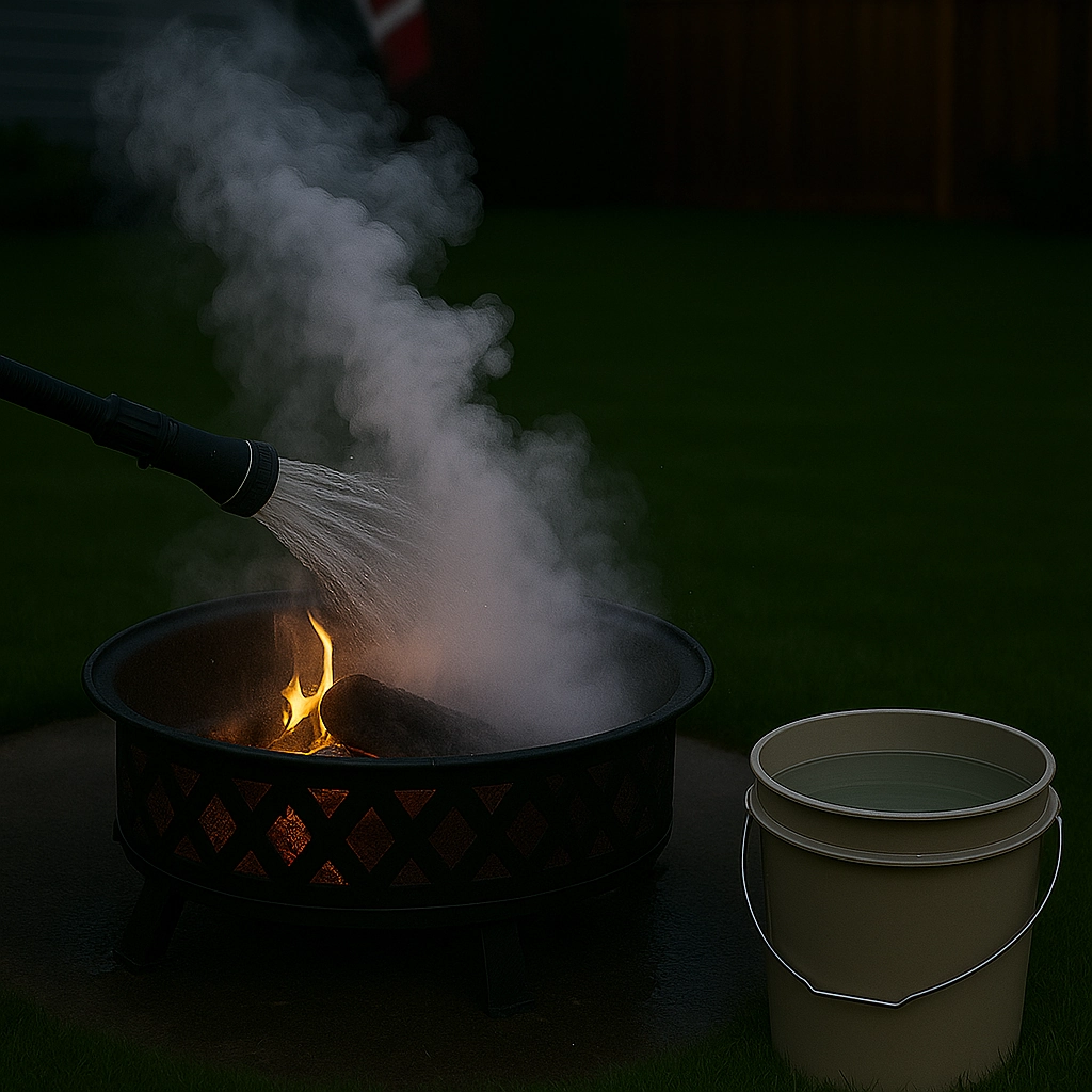 Pouring water carefully onto fire pit to extinguish flames and cool hot embers safely.