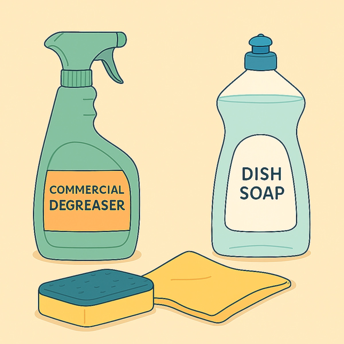 Cleaning supplies with degreaser, dish soap, and sponges