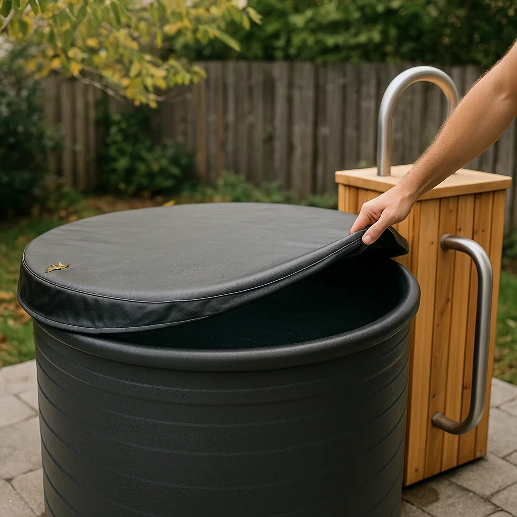 Person lifting insulated cover of outdoor cold plunge tub to maintain water cleanliness and temperature.