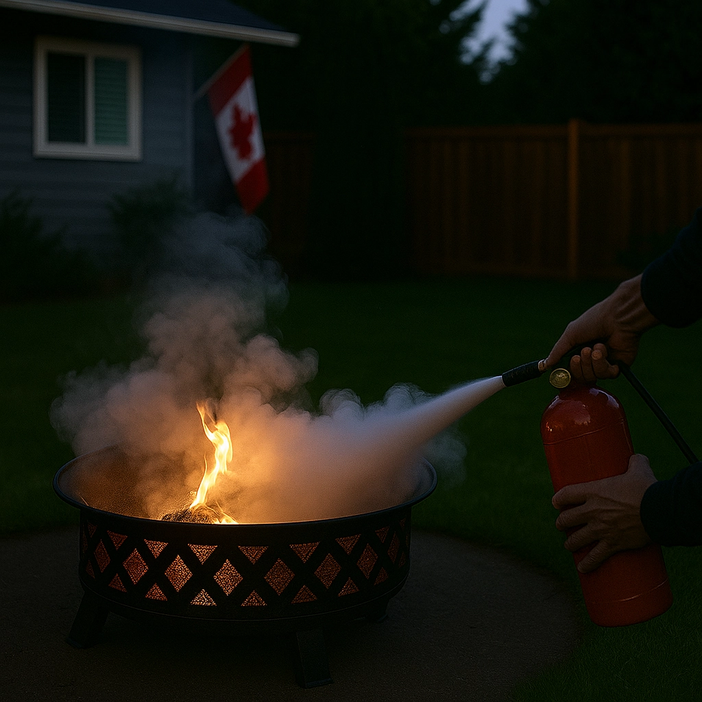 Person aiming fire extinguisher at fire pit to control unexpected flare-up during emergency.