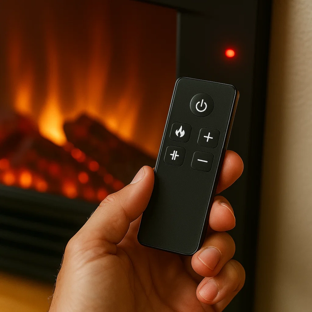 Close-up of hand using remote control to operate electric fireplace with glowing flame in background.