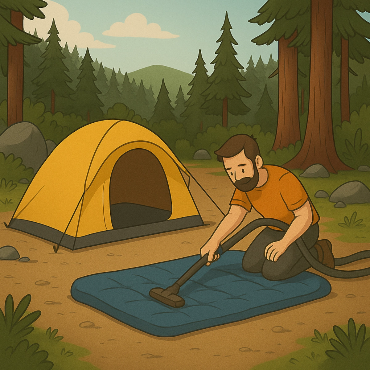Man vacuuming air mattress surface near yellow tent at forest campsite.