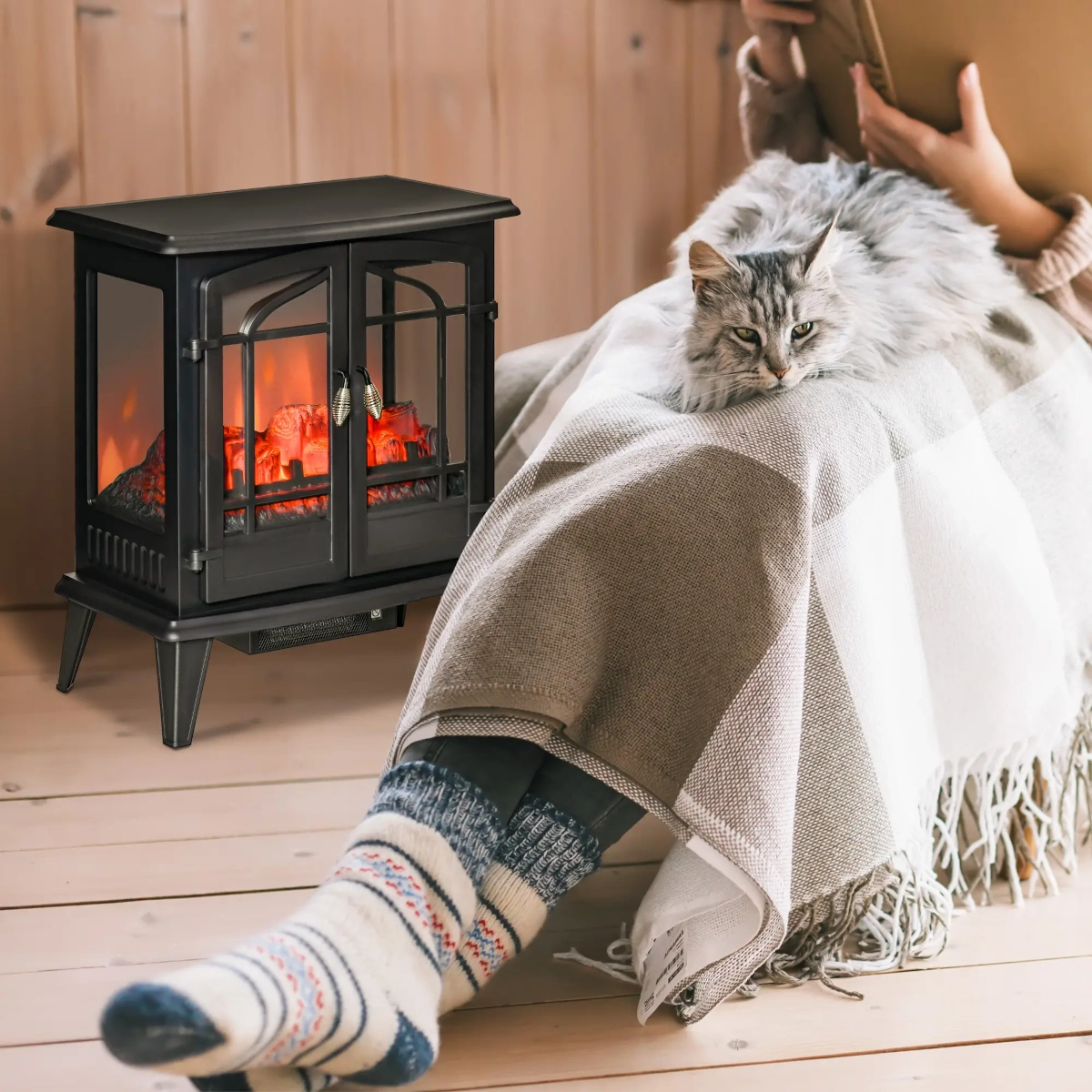 Black vintage-style electric fireplace with triple glass panels beside a person and a sleeping cat.