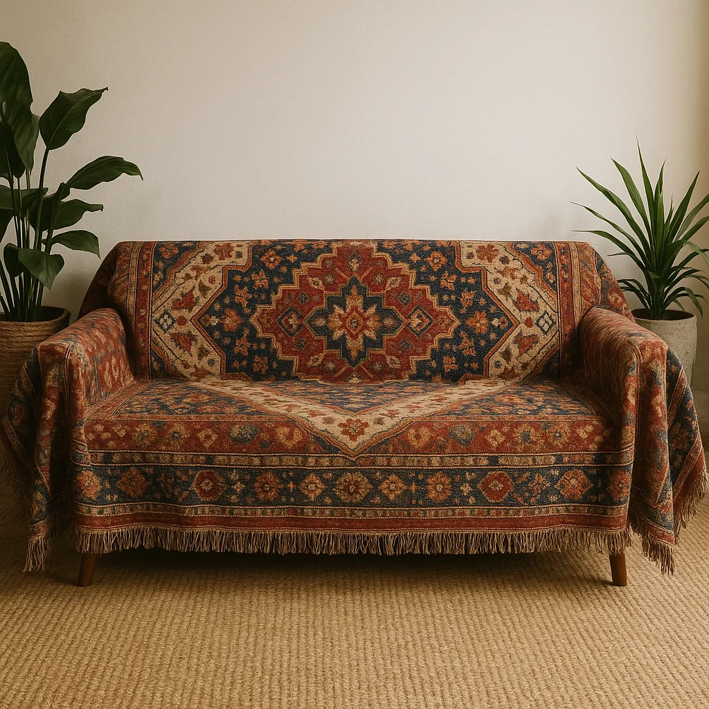 Sofa draped with a fringed, vintage-style patterned rug between two potted plants on a woven rug.