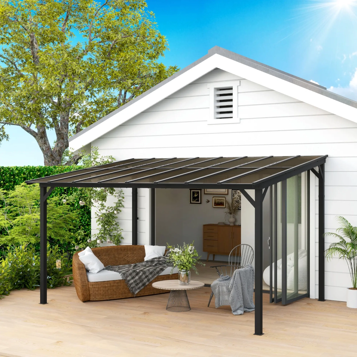 Wall-mounted gazebo attached to a house with a modern sitting area and plants.