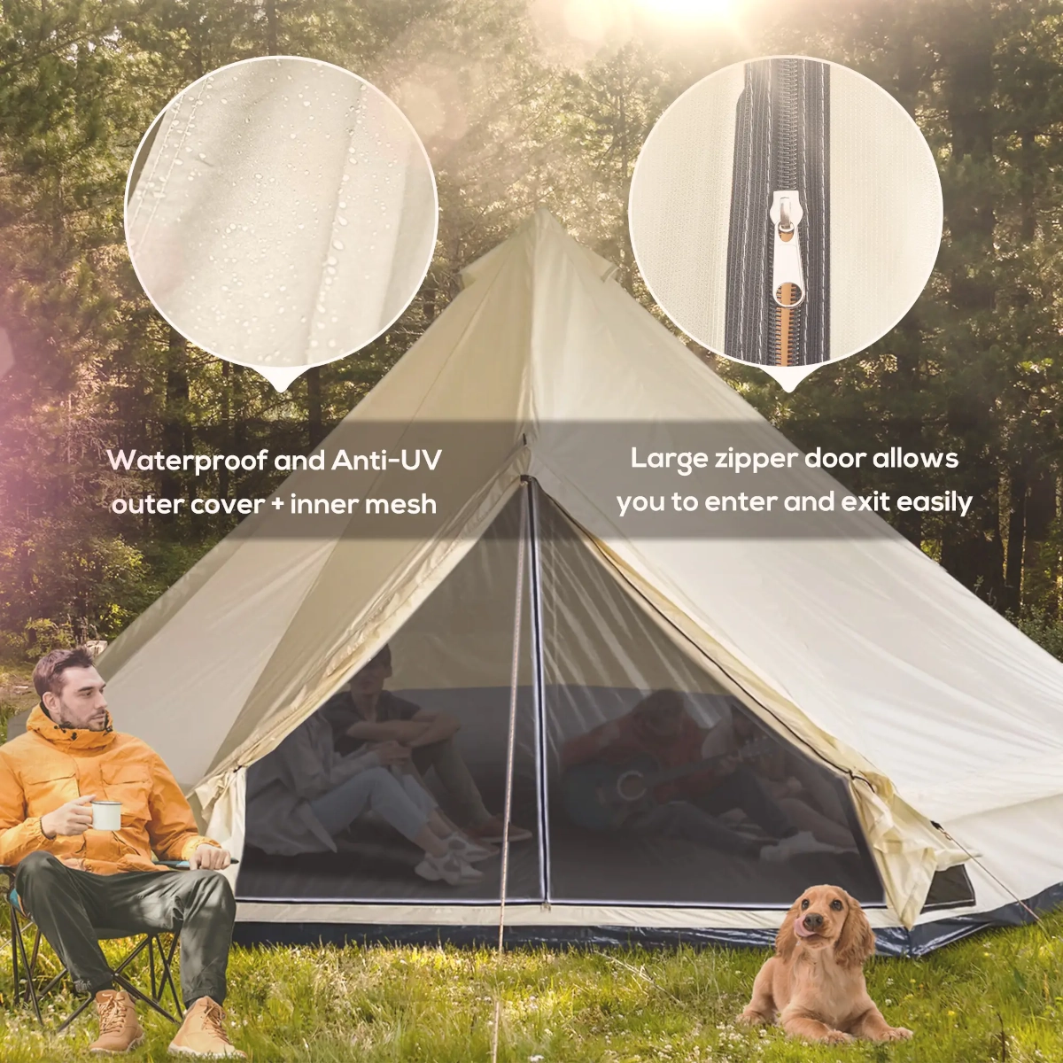 Waterproof canvas tent with mesh and zipper door shown with close-up in a sunny forest.