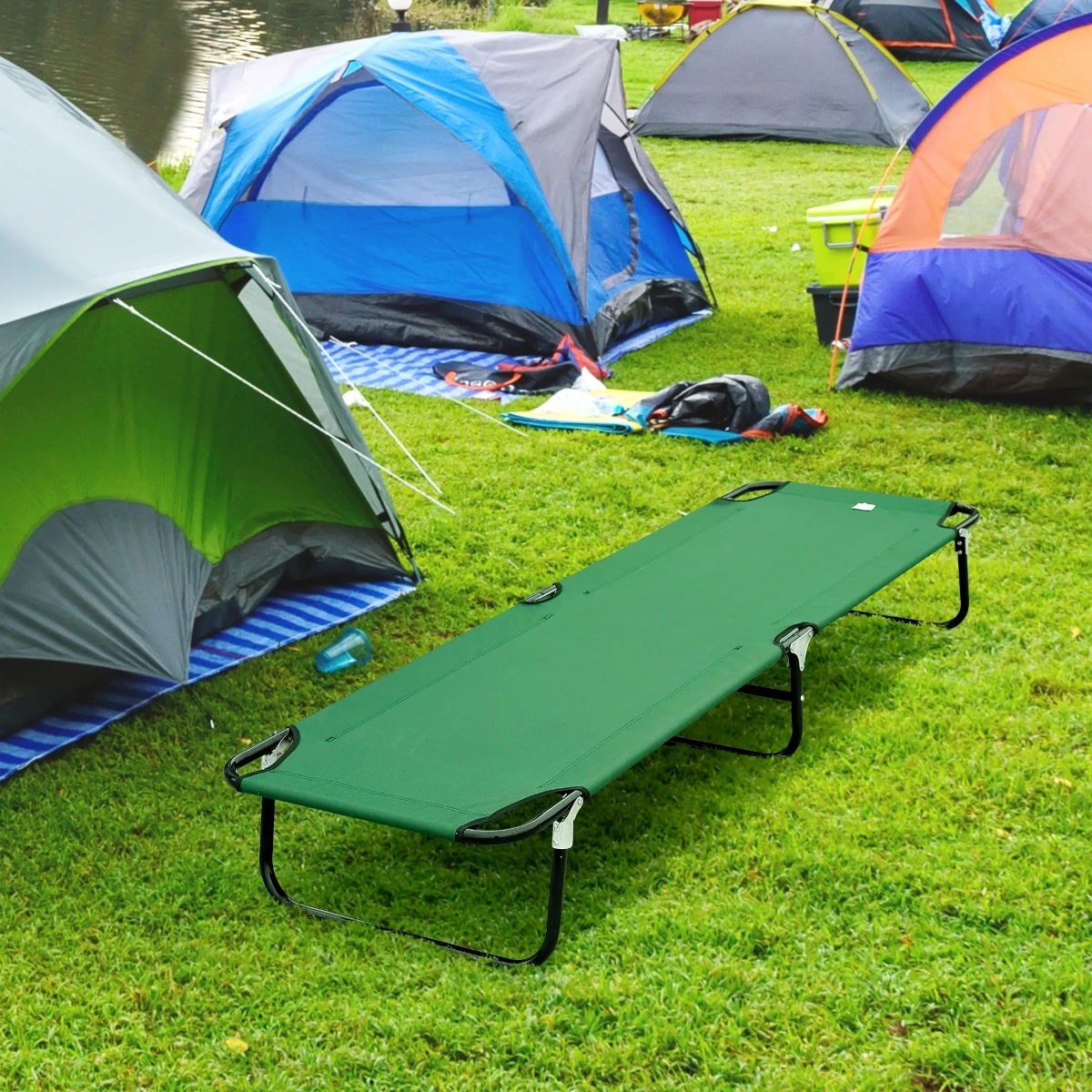 camping cot displayed in natural outdoor setting with sunlight.