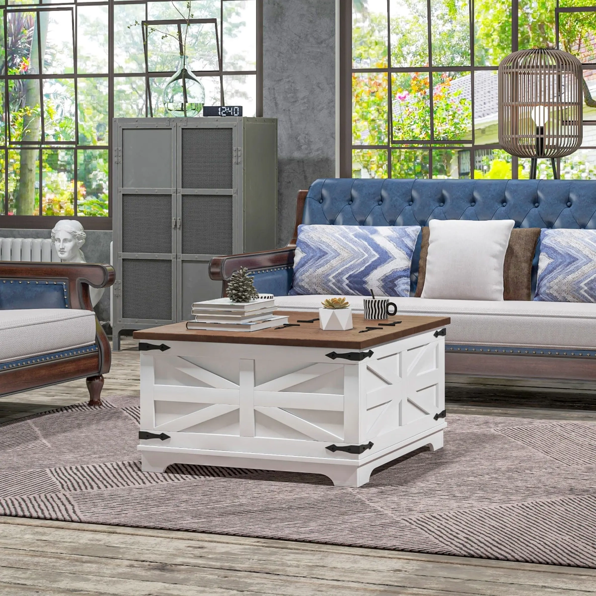 White coffee table with rustic accents and decorative items in an industrial-style living space.