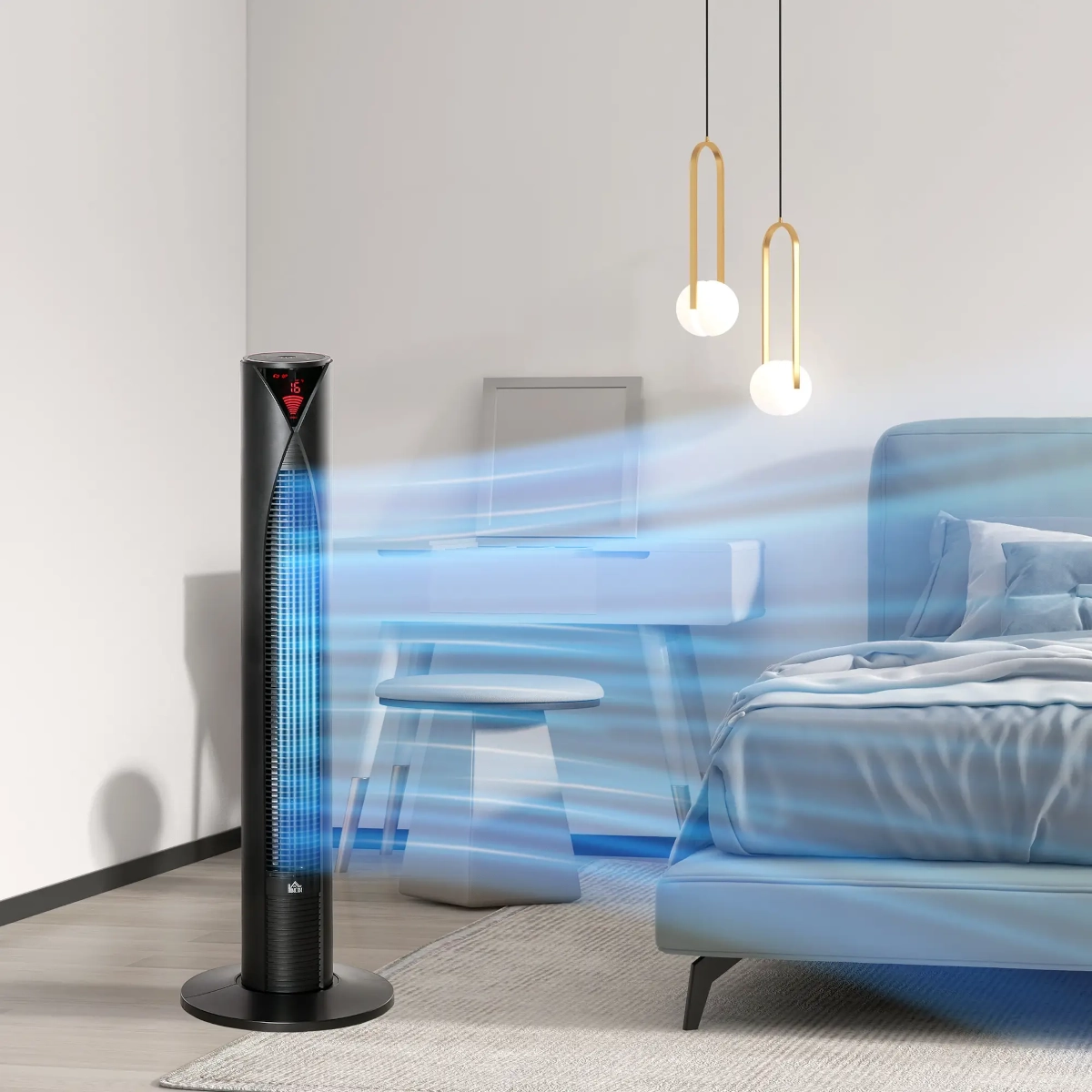 Tall tower fan placed in a living room, offering sleek design and efficient cooling.