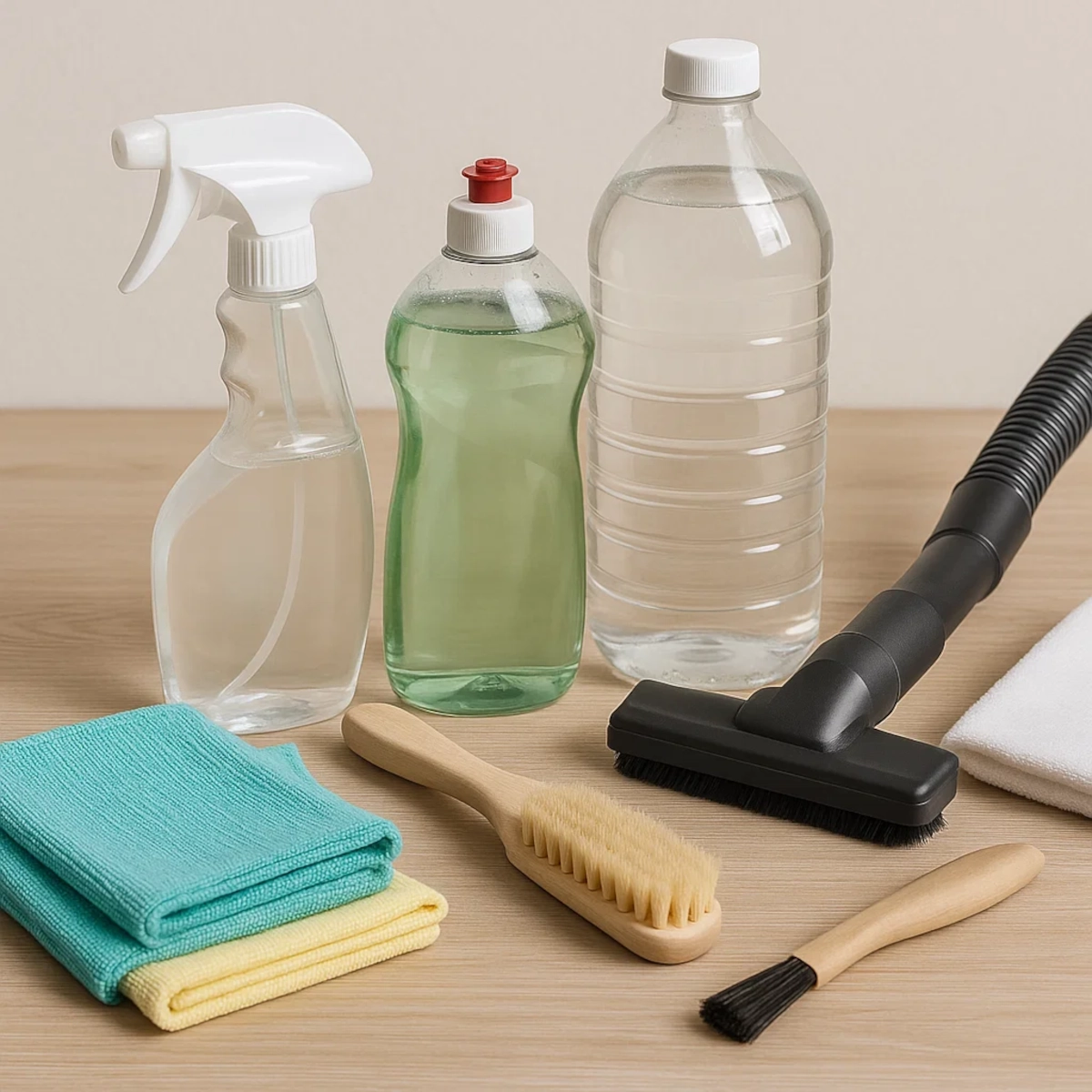 Fireplace cleaning tools including spray bottle, dish soap, vinegar, microfiber cloths, and brushes on a wooden table.