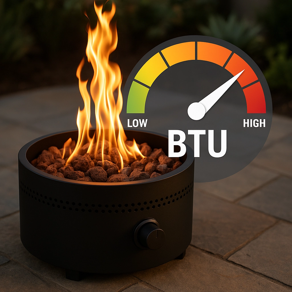 Infographic showing BTU heat output levels for fire pits with corresponding temperature ranges