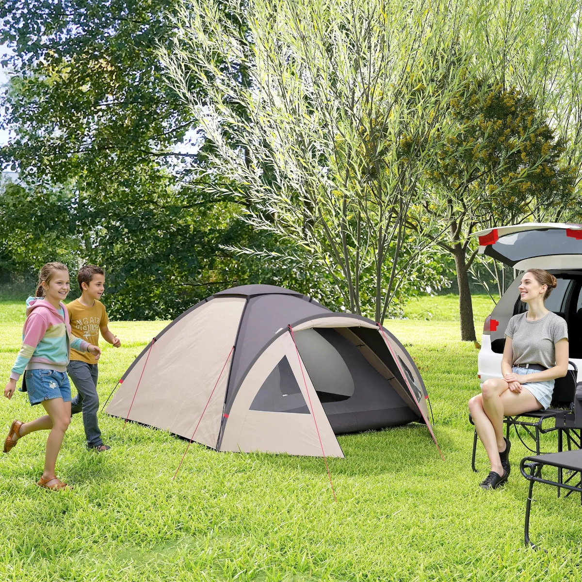Dome tent setup in a scenic outdoor location, offering stability and weather resistance.