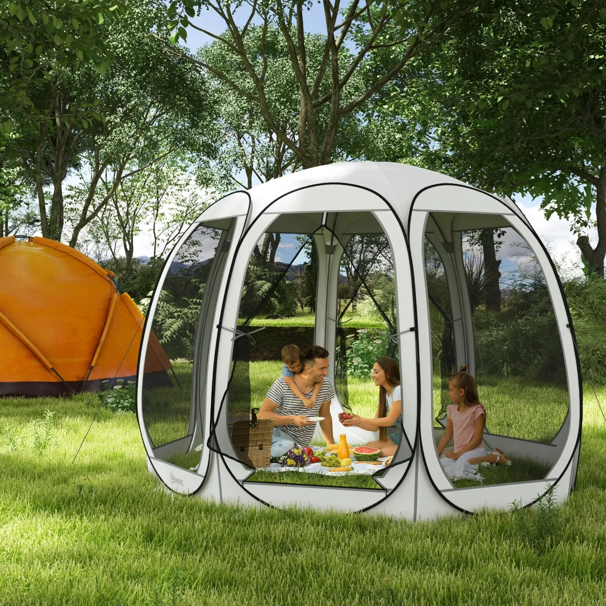 Pop-up tent quickly set up in a grassy field, providing easy shelter for campers.