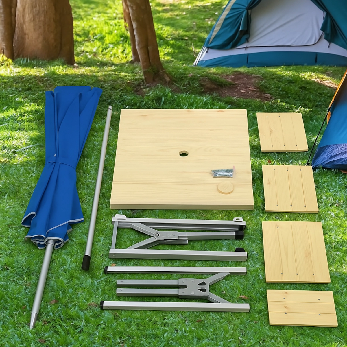 Picnic table parts including tabletop, umbrella, legs, and screws on grass