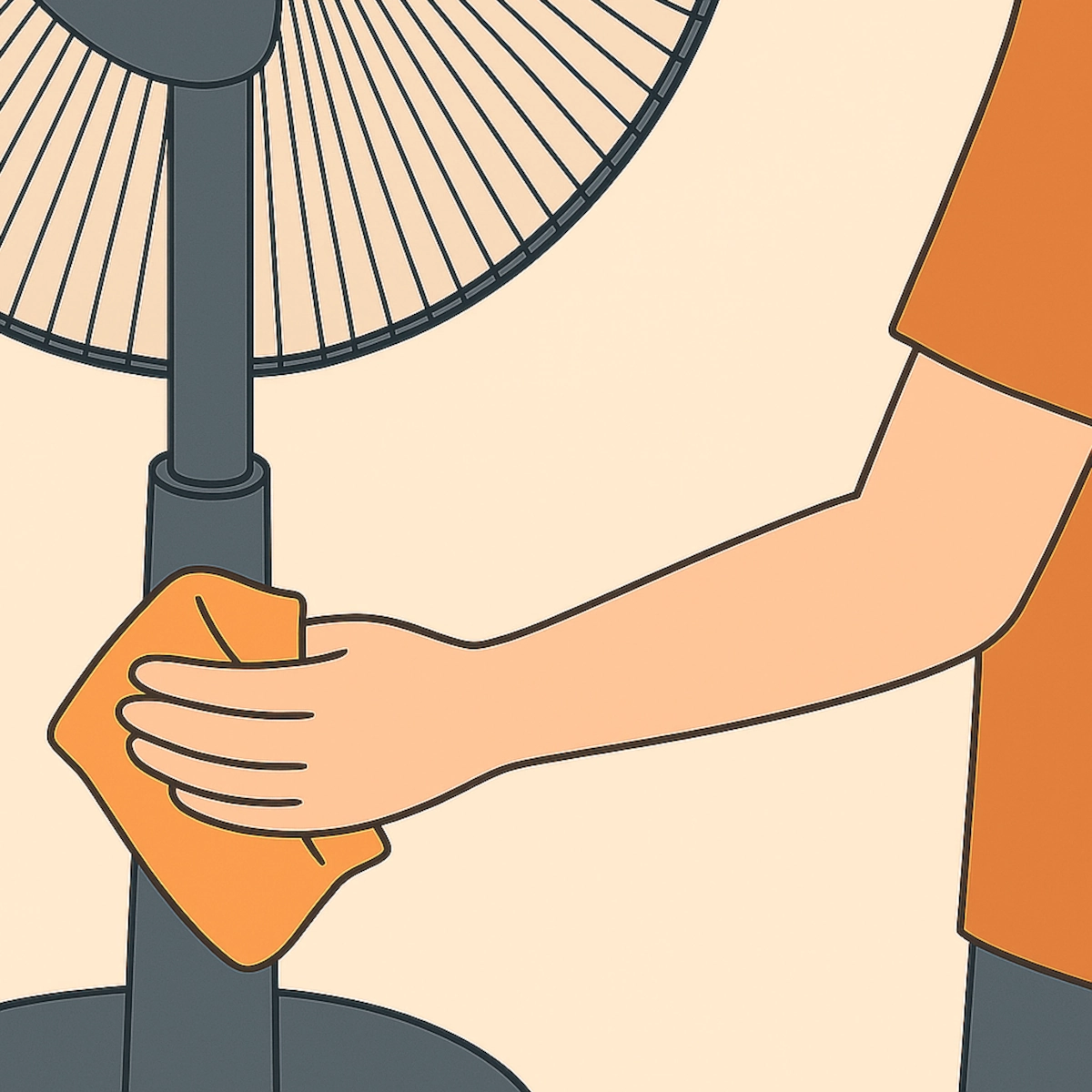 Wiping fan stand with cloth to remove dust