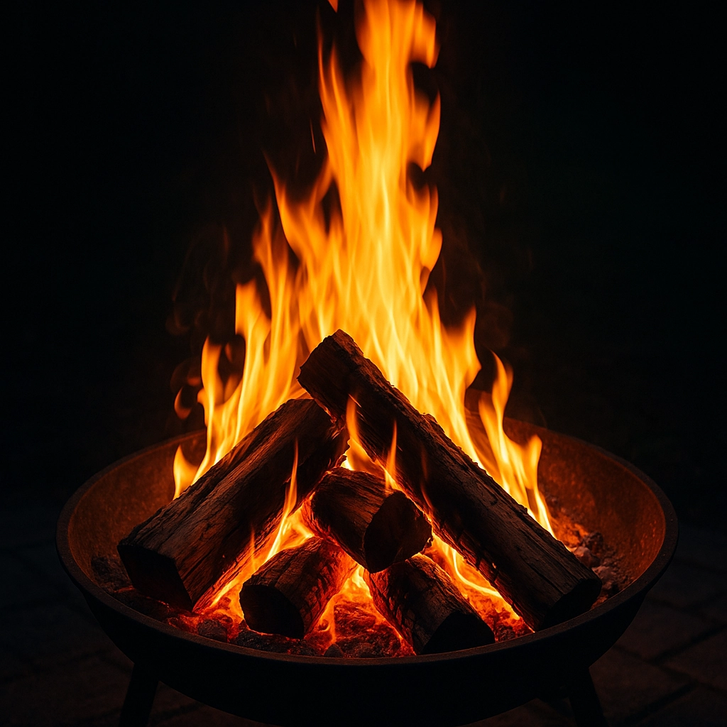 Classic wood-burning fire pit with large flames and stacked logs in a rustic outdoor setting